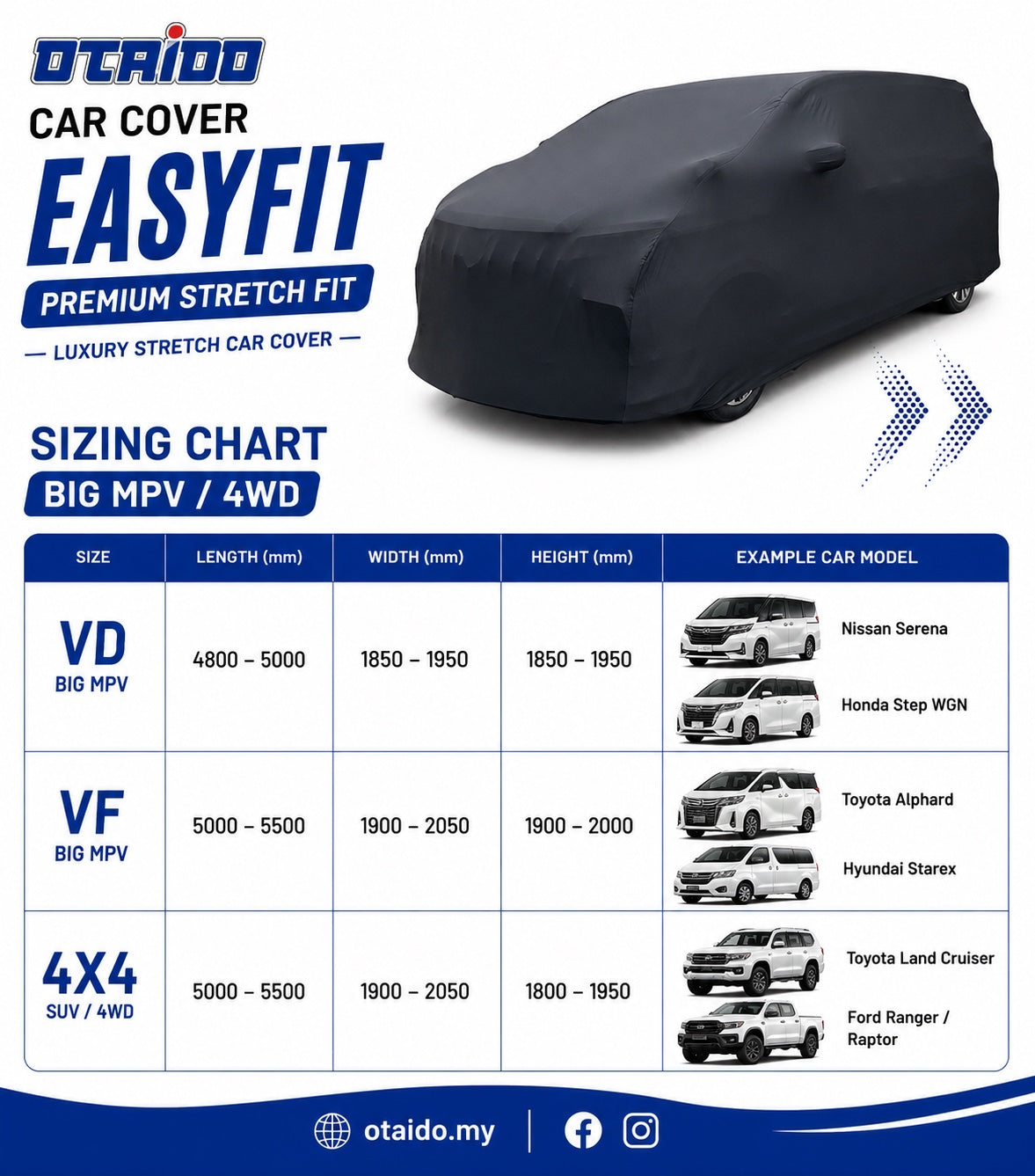 Otaido EasyFit Car Cover Big MPV 4WD Sizing Chart