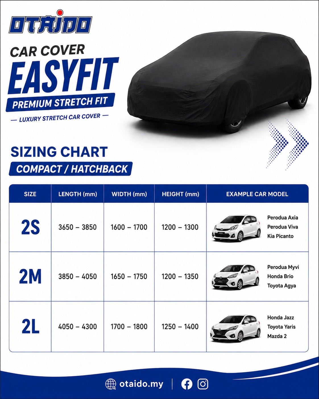 Otaido EasyFit Car Cover Compact Hatchback Sizing Chart