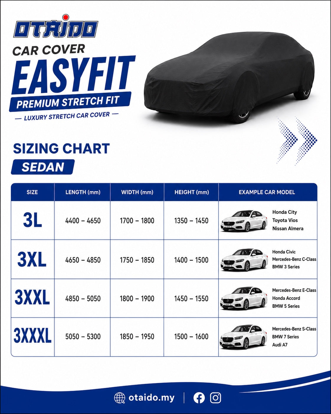 Otaido EasyFit Car Cover Sedan Sizing Chart