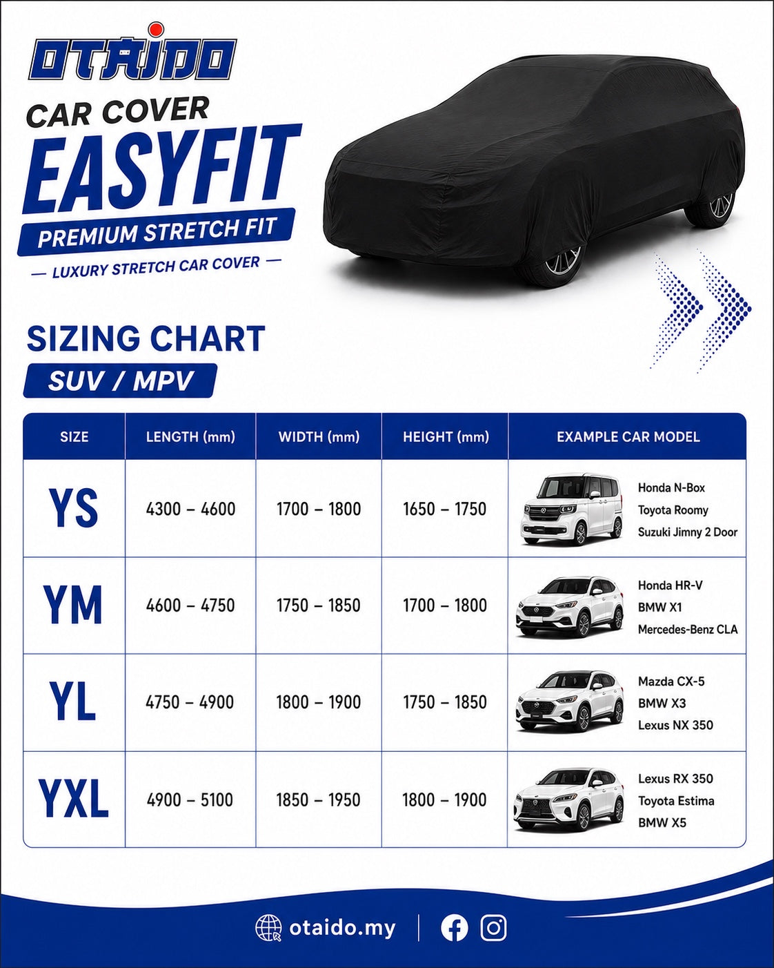 Otaido EasyFit Car Cover SUV MPV Sizing Chart